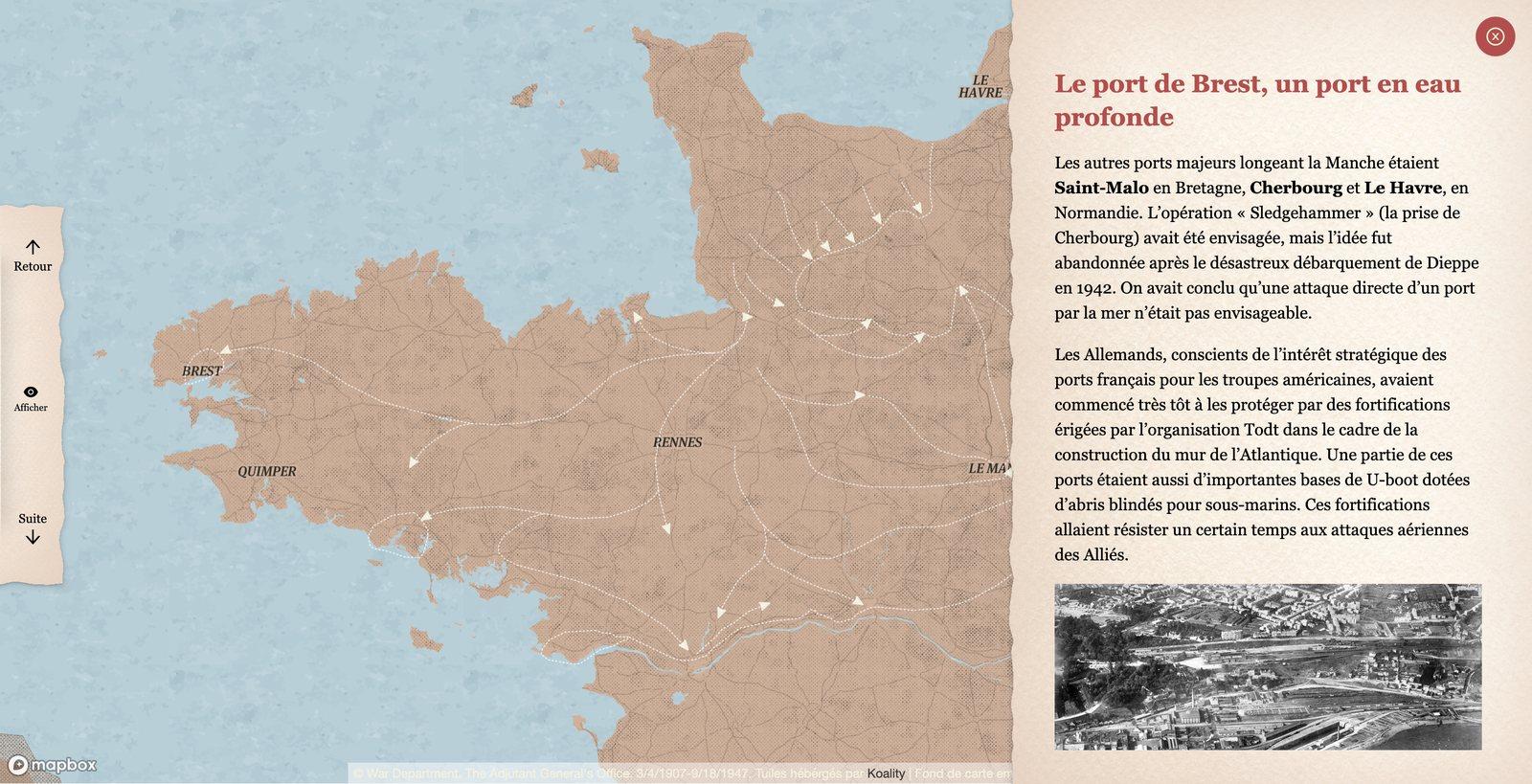 Récit cartographique de la bataille de Brest : une carte de Bretagne avec les mouvements des troupes, et le texte de l’étape à droite