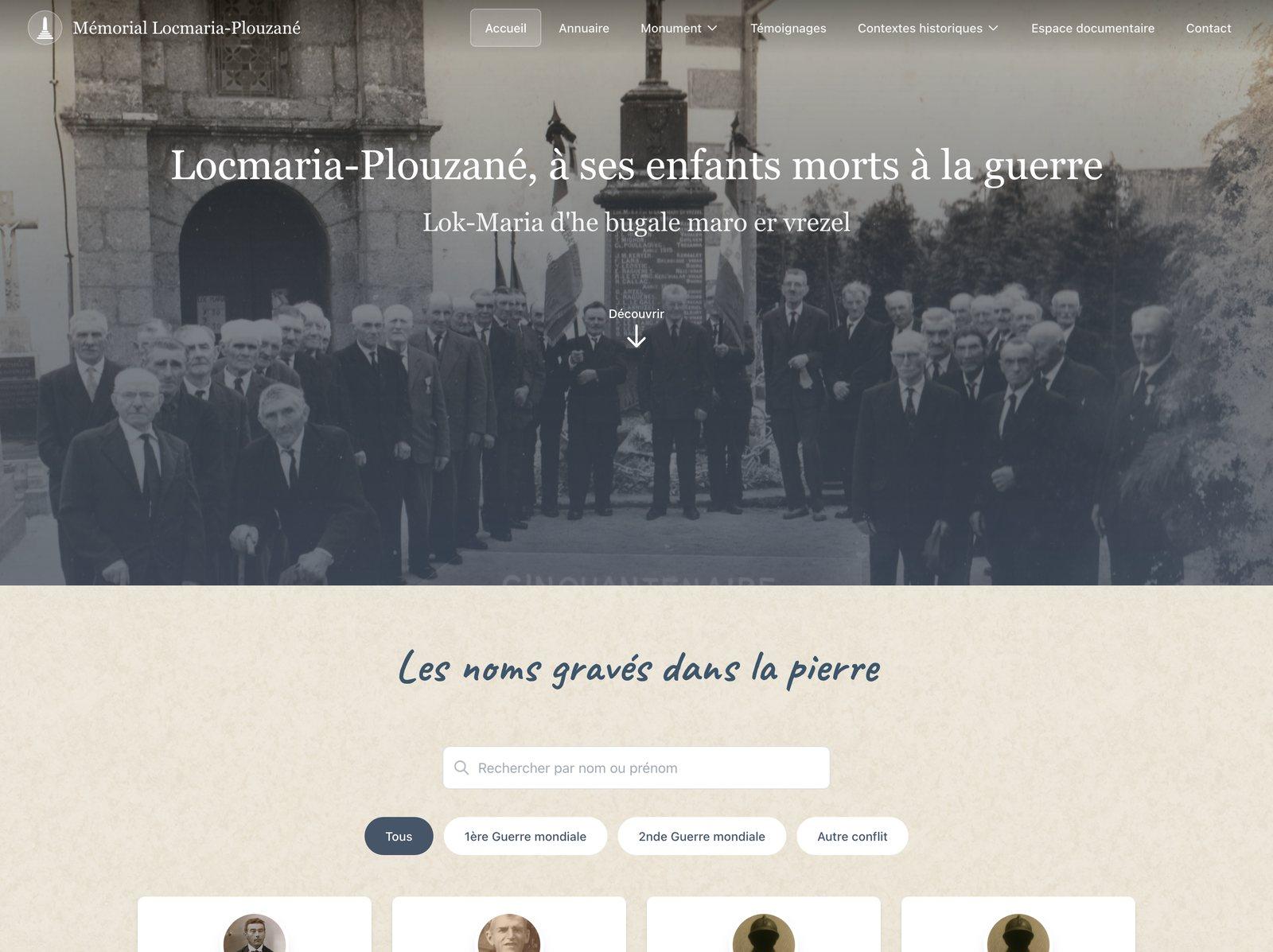 Page d'accueil du site du monument aux morts de Locmaria-Plouzané : la photo des anciens combattants, la recherche par nom et les premières fiches