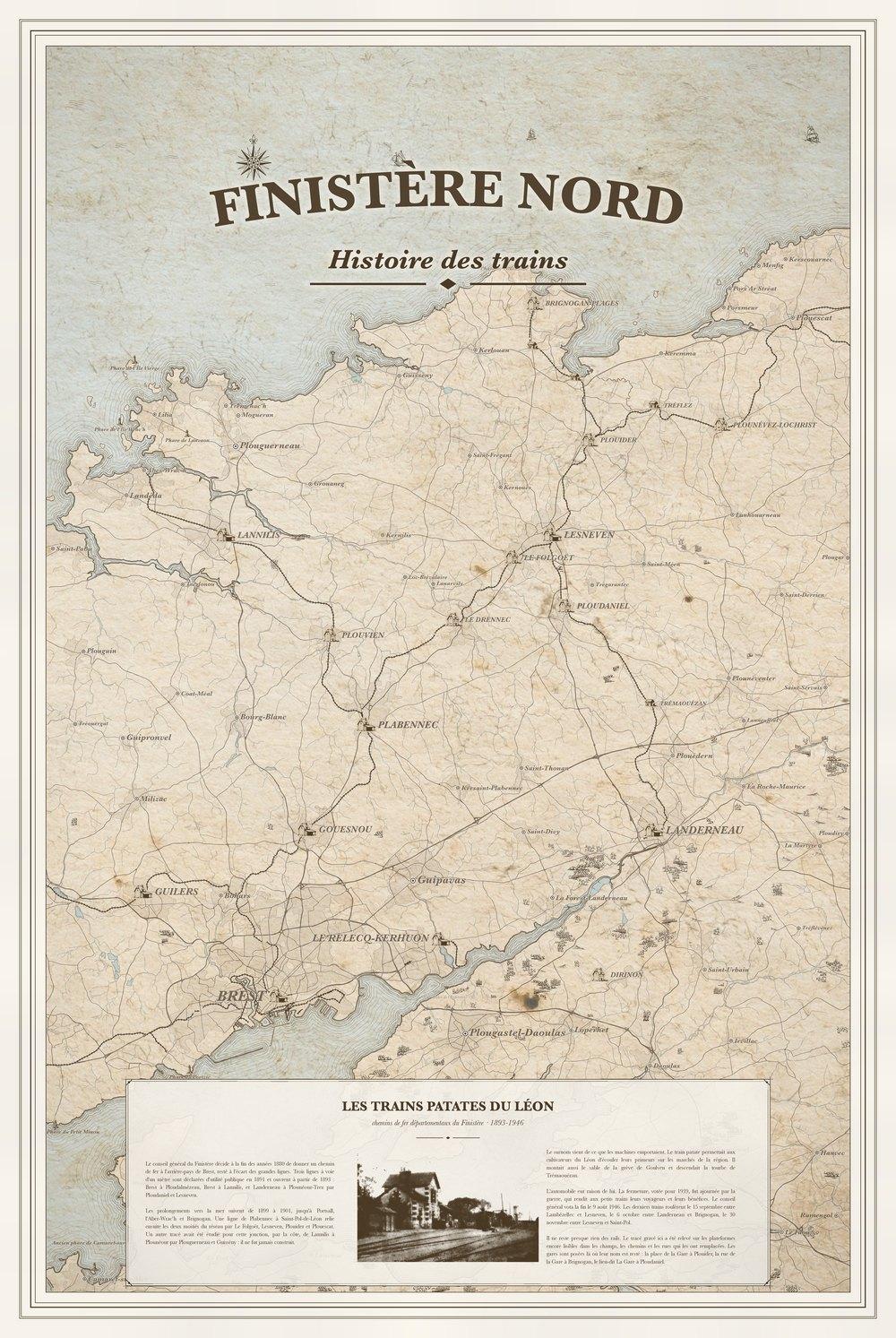 Carte gravée : Finistère Nord, Histoire des trains