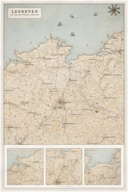 Carte gravée : Lesneven, avec Guissény, Plouider et Keremma