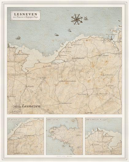 Carte gravée : Lesneven, avec Plouescat et Brignogan-Plages