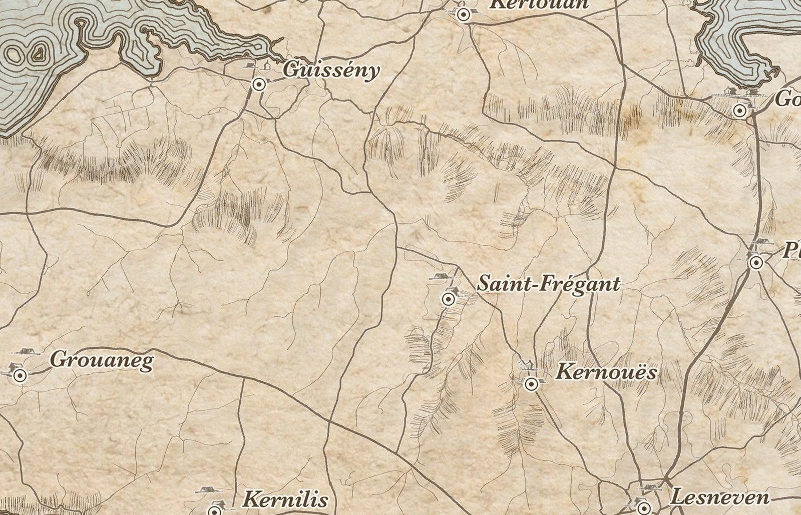 Détail d'une carte gravée : hachures du relief, mer au lavis bleu pâle, noms de lieux en italique