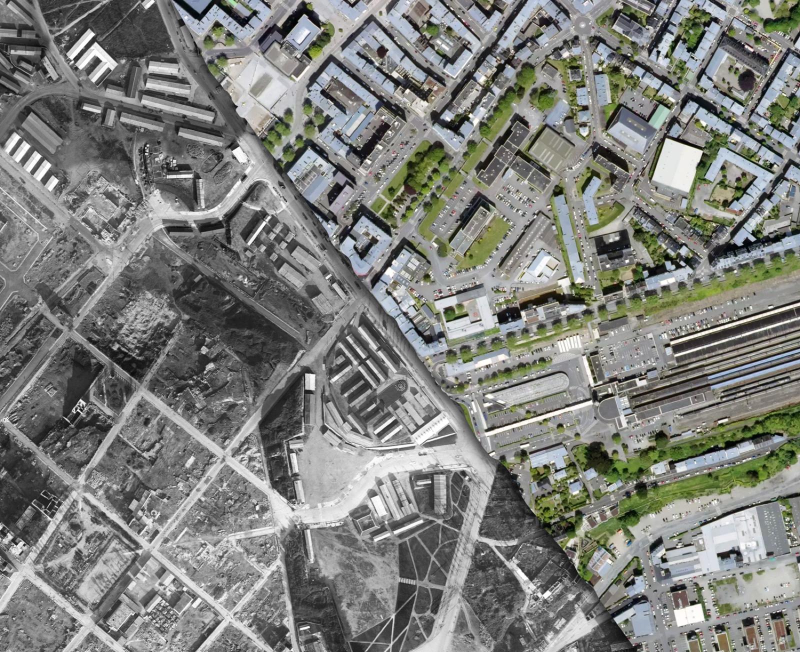 Vue aérienne de Brest, la ville rasée de 1944 à gauche et la ville d'aujourd'hui à droite